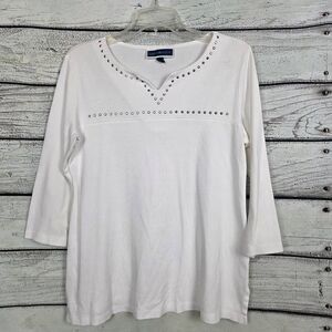 Karen Scott White Studded V-Neck 3/4 Sleeve Cotton Top M